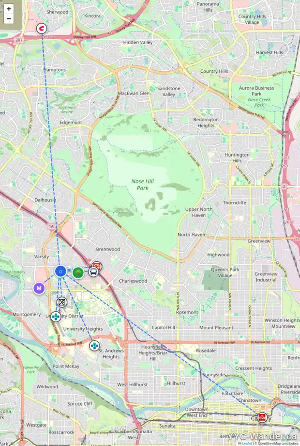 Daily accessibility map for 4 VARSPLAIN PL NW, Calgary showing nearby schools, grocery stores, parks, LRT stations and nearby amenities