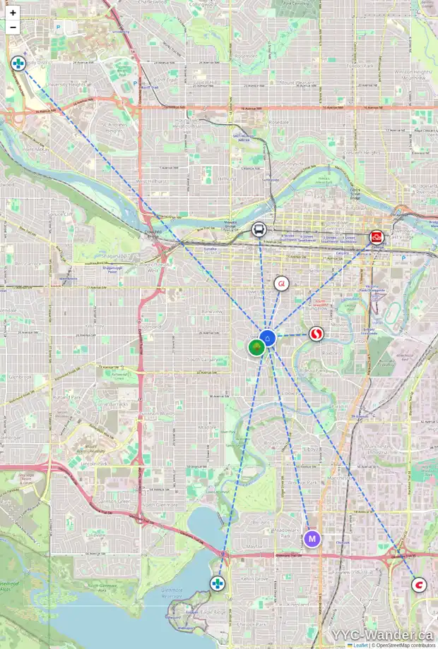 Daily accessibility map for 1036 FRONTENAC AV SW, Calgary showing nearby schools, grocery stores, parks, LRT stations and nearby amenities