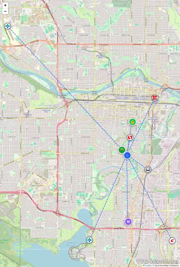 Daily accessibility map for 507 33 AV SW, Calgary showing nearby schools, grocery stores, parks, LRT stations and nearby amenities