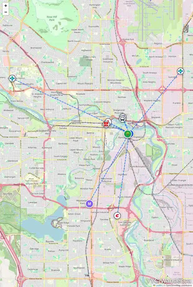 Daily accessibility map for 1310 10 AV SE, Calgary showing nearby schools, grocery stores, parks, LRT stations and nearby amenities