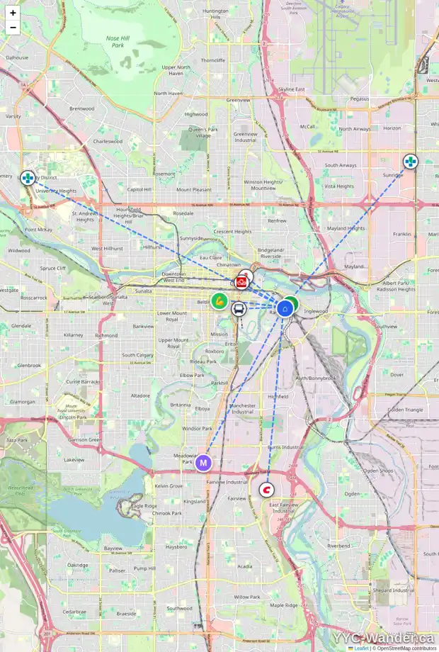 Daily accessibility map for 1125 10 ST SE, Calgary showing nearby schools, grocery stores, parks, LRT stations and nearby amenities