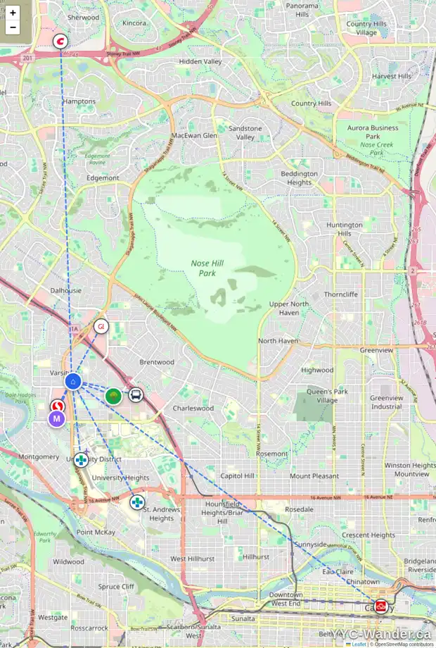 Daily accessibility map for 4532 VANDERGRIFT CR NW, Calgary showing nearby schools, grocery stores, parks, LRT stations and nearby amenities