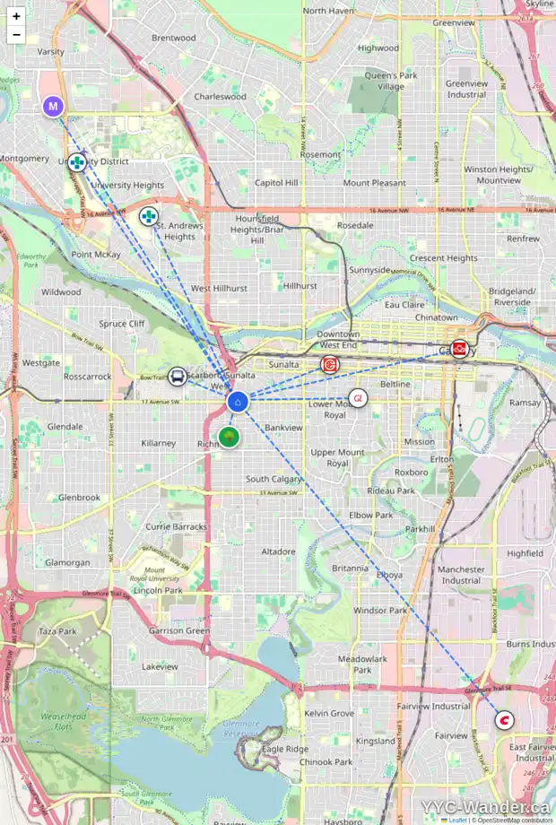 Daily accessibility map for 1622 SUMMIT ST SW, Calgary showing nearby schools, grocery stores, parks, LRT stations and nearby amenities