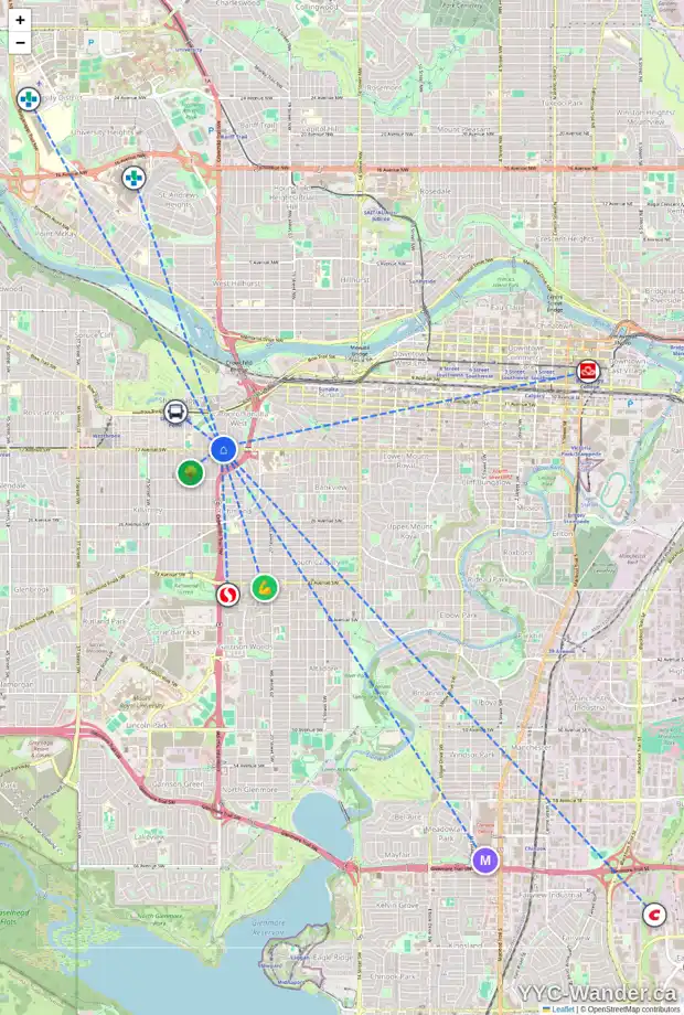 Daily accessibility map for 1742 24 ST SW, Calgary showing nearby schools, grocery stores, parks, LRT stations and nearby amenities
