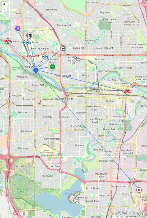 Daily accessibility map for 204 37 ST NW, Calgary showing nearby schools, grocery stores, parks, LRT stations and nearby amenities