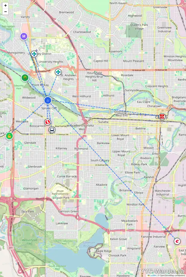 Daily accessibility map for 12 SPRUCE BANK CR SW, Calgary showing nearby schools, grocery stores, parks, LRT stations and nearby amenities