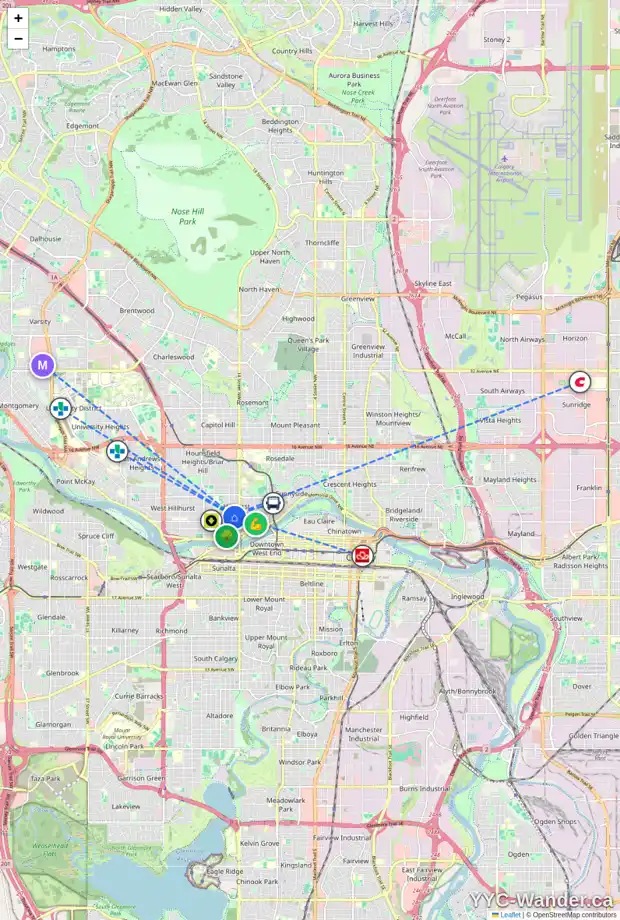 Daily accessibility map for 205 15 ST NW, Calgary showing nearby schools, grocery stores, parks, LRT stations and nearby amenities