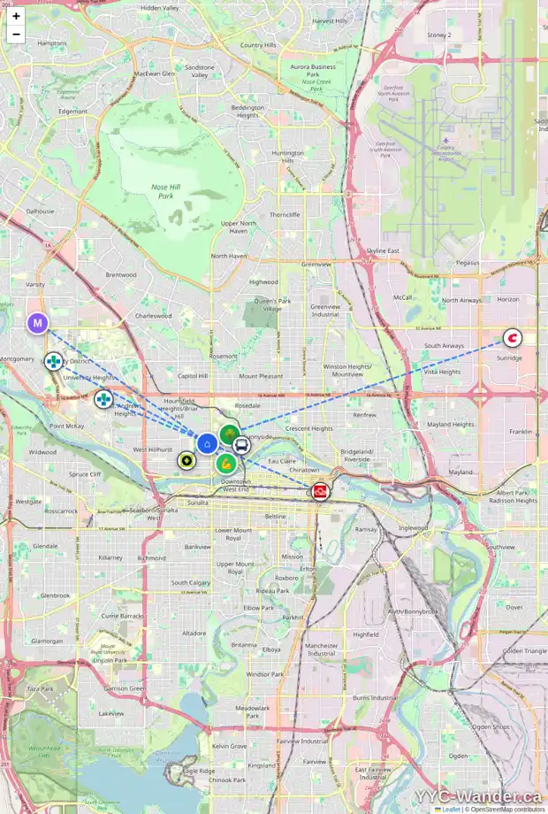 Daily accessibility map for 609 15 ST NW, Calgary showing nearby schools, grocery stores, parks, LRT stations and nearby amenities