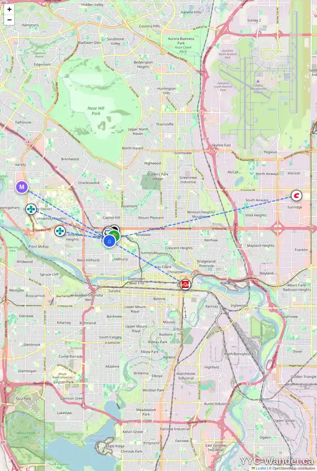 Daily accessibility map for 1222 18 ST NW, Calgary showing nearby schools, grocery stores, parks, LRT stations and nearby amenities