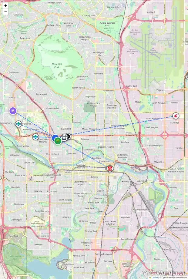 Daily accessibility map for 1511 21A ST NW, Calgary showing nearby schools, grocery stores, parks, LRT stations and nearby amenities