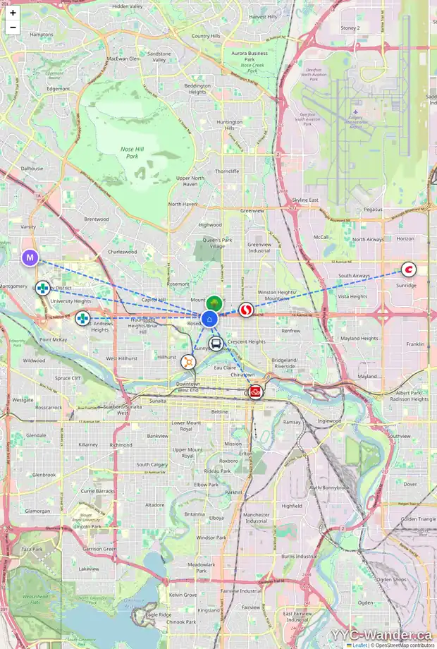 Daily accessibility map for 1623 6A ST NW, Calgary showing nearby schools, grocery stores, parks, LRT stations and nearby amenities