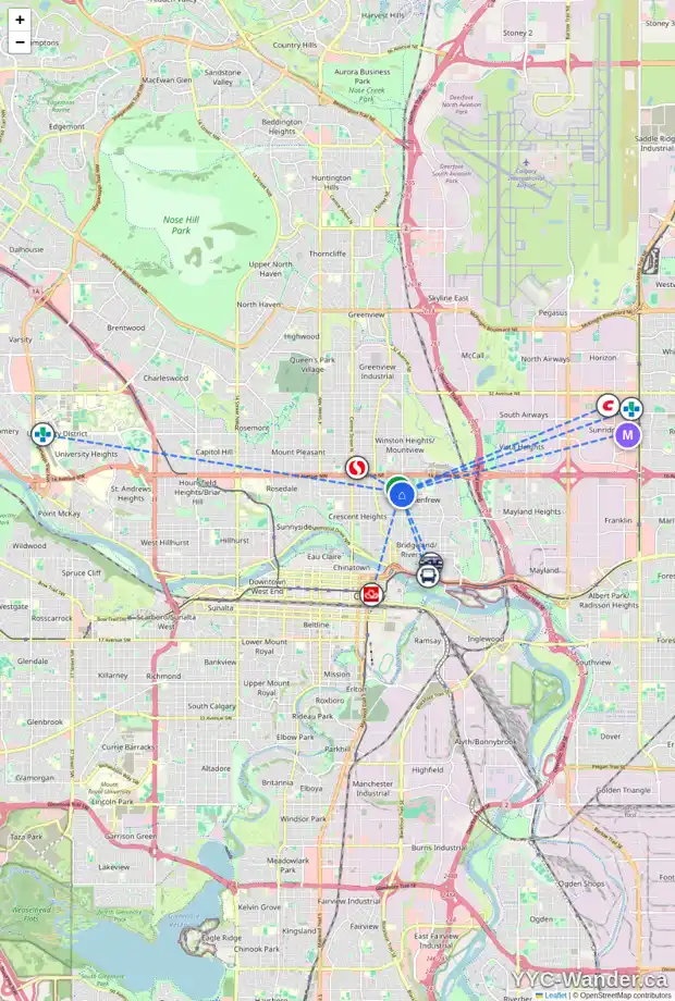 Daily accessibility map for 629 13 AV NE, Calgary showing nearby schools, grocery stores, parks, LRT stations and nearby amenities