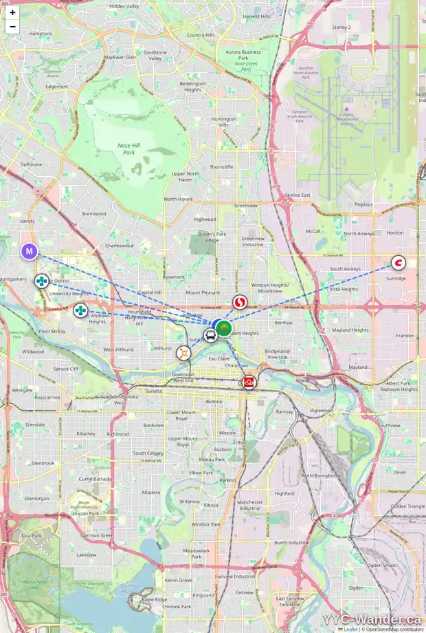 Daily accessibility map for 414 10 AV NW, Calgary showing nearby schools, grocery stores, parks, LRT stations and nearby amenities