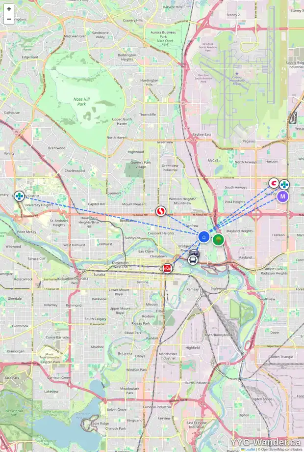 Daily accessibility map for 1122 CHILD AV NE, Calgary showing nearby schools, grocery stores, parks, LRT stations and nearby amenities