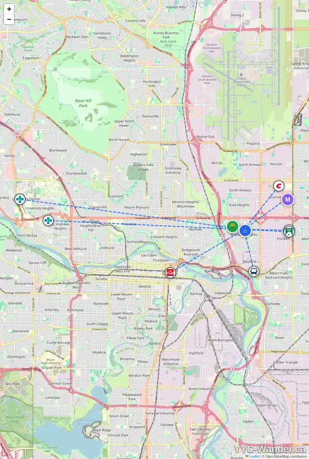 Daily accessibility map for 1208 MACKID RD NE, Calgary showing nearby schools, grocery stores, parks, LRT stations and nearby amenities