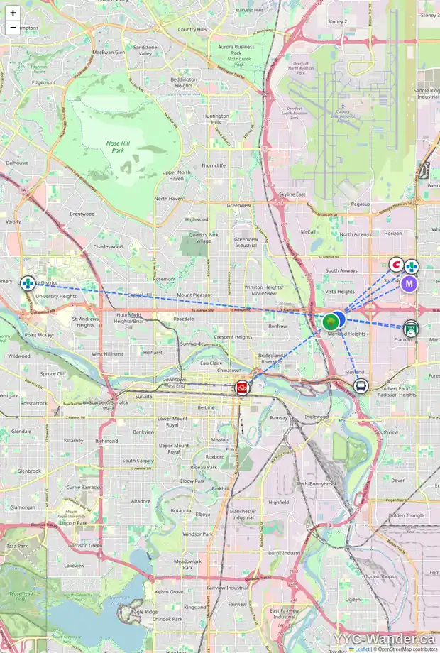 Daily accessibility map for 1423 18 ST NE, Calgary showing nearby schools, grocery stores, parks, LRT stations and nearby amenities