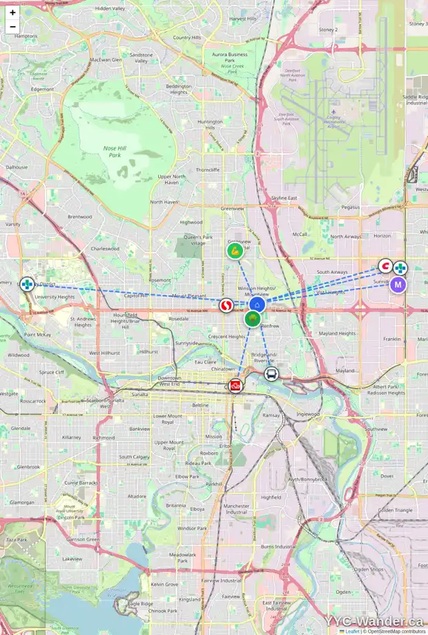 Daily accessibility map for 1824 6 ST NE, Calgary showing nearby schools, grocery stores, parks, LRT stations and nearby amenities