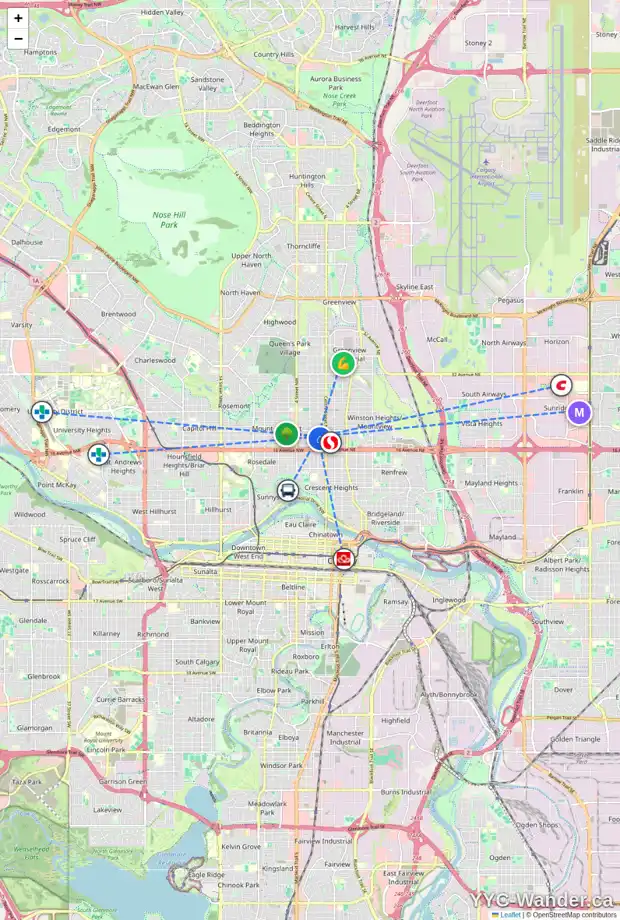 Daily accessibility map for 217 19 AV NW, Calgary showing nearby schools, grocery stores, parks, LRT stations and nearby amenities