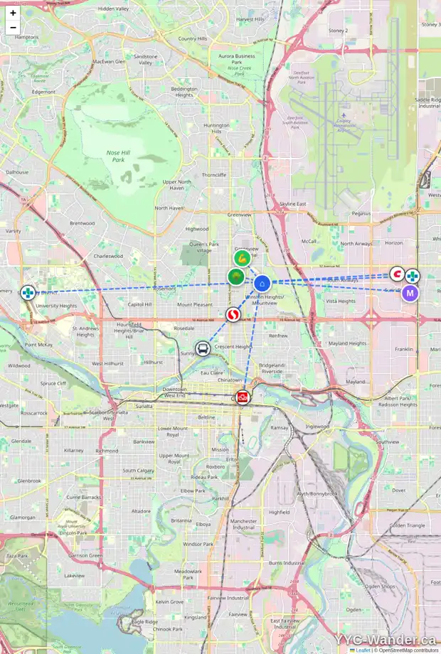 Daily accessibility map for 626 27 AV NE, Calgary showing nearby schools, grocery stores, parks, LRT stations and nearby amenities