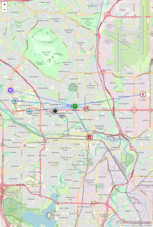 Daily accessibility map for 709 20 AV NW, Calgary showing nearby schools, grocery stores, parks, LRT stations and nearby amenities