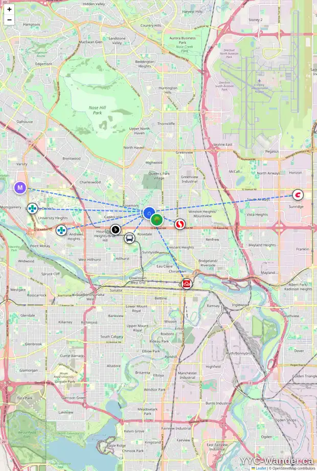 Daily accessibility map for 817 23 AV NW, Calgary showing nearby schools, grocery stores, parks, LRT stations and nearby amenities