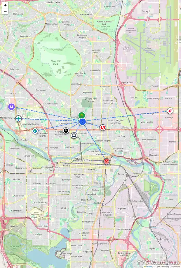 Daily accessibility map for 926 22 AV NW, Calgary showing nearby schools, grocery stores, parks, LRT stations and nearby amenities