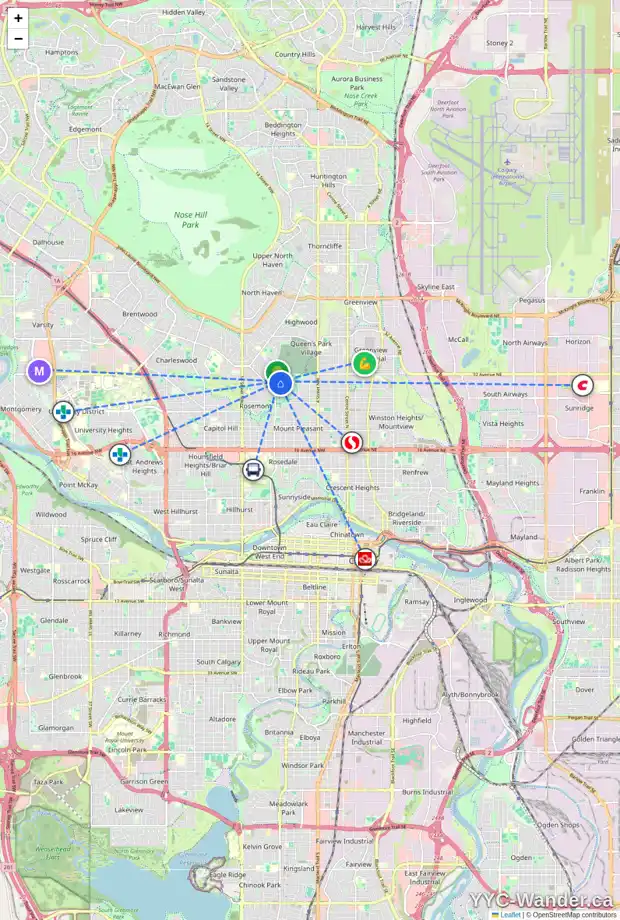 Daily accessibility map for 1006 30 AV NW, Calgary showing nearby schools, grocery stores, parks, LRT stations and nearby amenities