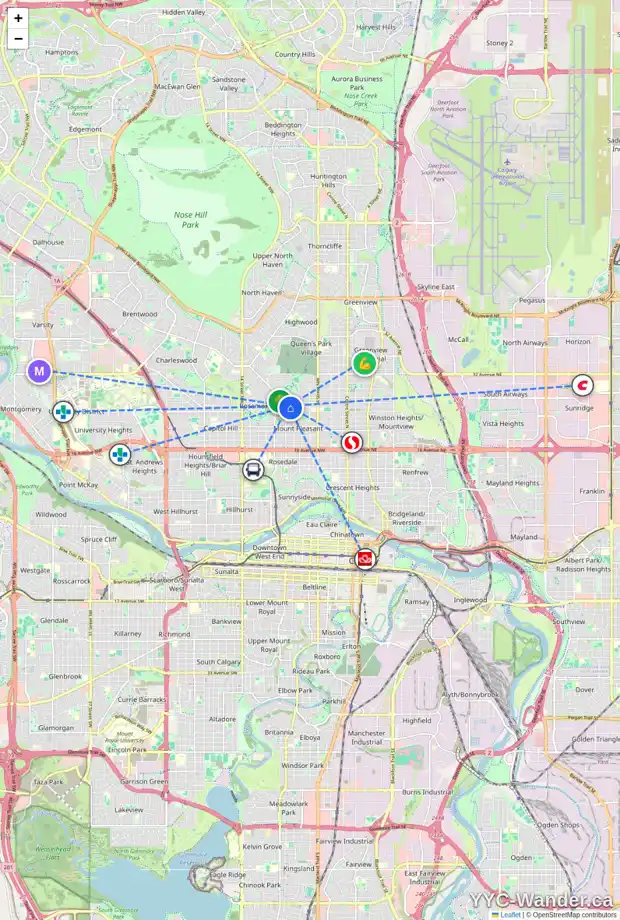 Daily accessibility map for 814 25 AV NW, Calgary showing nearby schools, grocery stores, parks, LRT stations and nearby amenities
