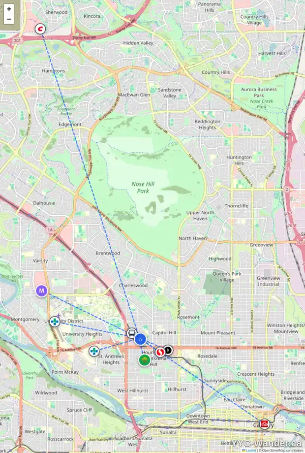 Daily accessibility map for 2240 HALIFAX CR NW, Calgary showing nearby schools, grocery stores, parks, LRT stations and nearby amenities