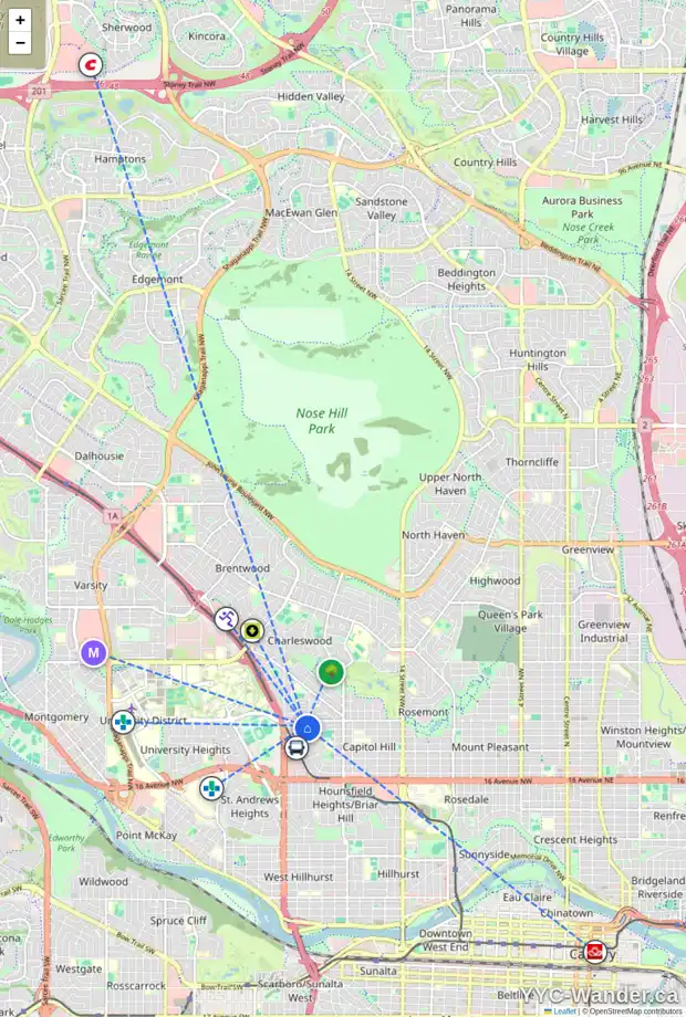 Daily accessibility map for 2440 22A ST NW, Calgary showing nearby schools, grocery stores, parks, LRT stations and nearby amenities