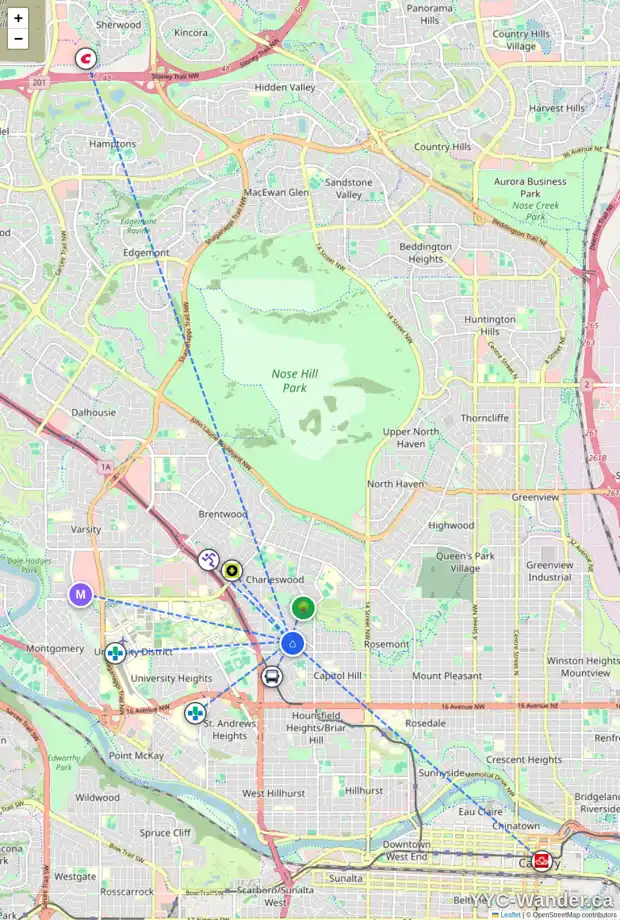 Daily accessibility map for 2215 26 AV NW, Calgary showing nearby schools, grocery stores, parks, LRT stations and nearby amenities