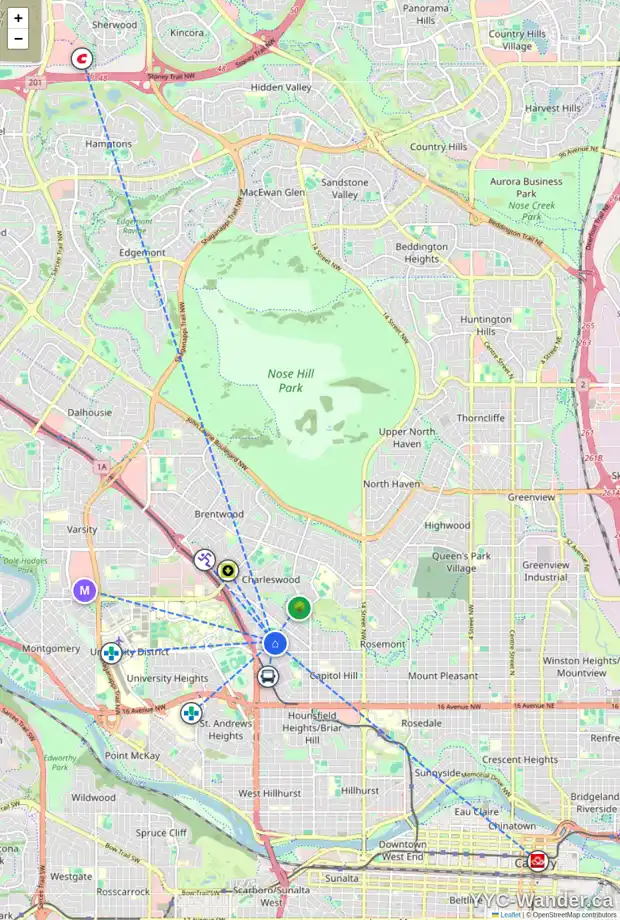 Daily accessibility map for 2323 26 AV NW, Calgary showing nearby schools, grocery stores, parks, LRT stations and nearby amenities