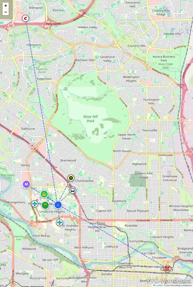 Daily accessibility map for 3203 24 AV NW, Calgary showing nearby schools, grocery stores, parks, LRT stations and nearby amenities