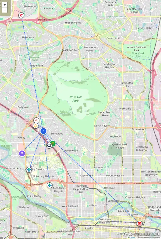 Daily accessibility map for 3504 BUTTON RD NW, Calgary showing nearby schools, grocery stores, parks, LRT stations and nearby amenities