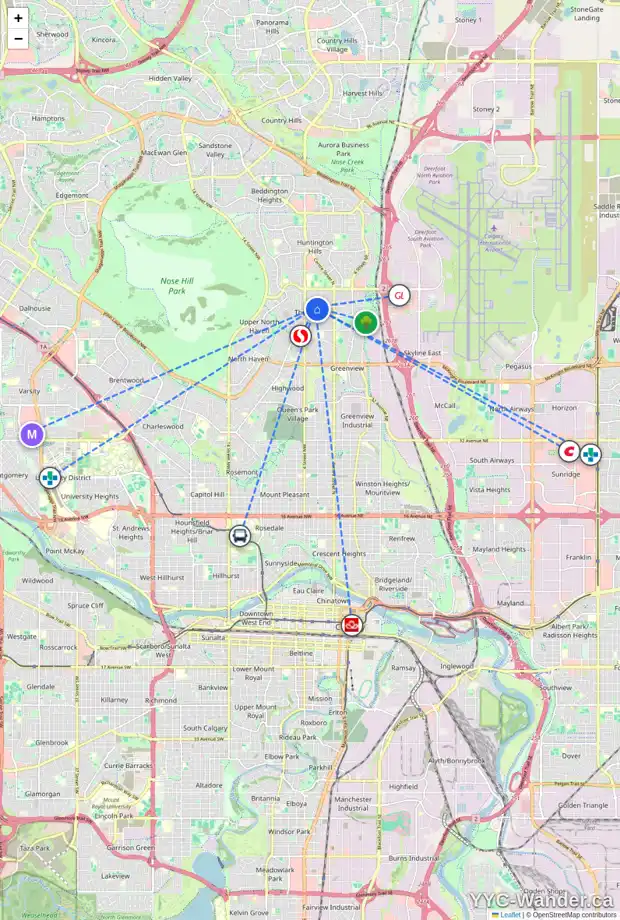 Daily accessibility map for 303 BLACKTHORN RD NW, Calgary showing nearby schools, grocery stores, parks, LRT stations and nearby amenities