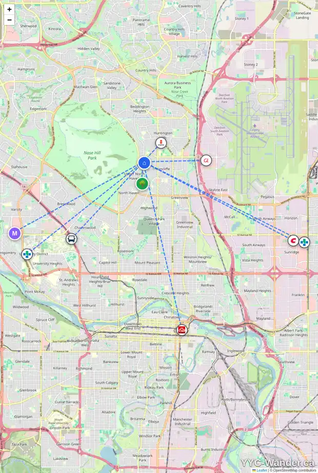 Daily accessibility map for 28 THORNWOOD CL NW, Calgary showing nearby schools, grocery stores, parks, LRT stations and nearby amenities