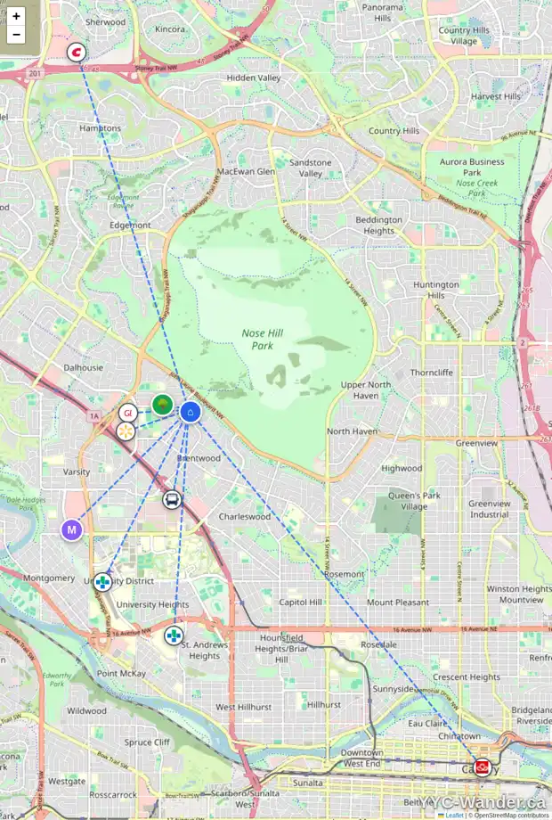 Daily accessibility map for 5303 CARNEY RD NW, Calgary showing nearby schools, grocery stores, parks, LRT stations and nearby amenities