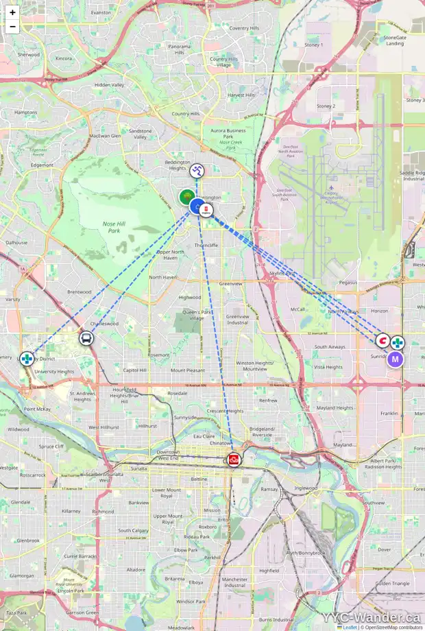 Daily accessibility map for 615 72 AV NW, Calgary showing nearby schools, grocery stores, parks, LRT stations and nearby amenities