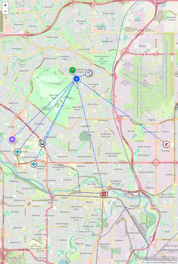Daily accessibility map for 7831 HUNTERQUAY RD NW, Calgary showing nearby schools, grocery stores, parks, LRT stations and nearby amenities