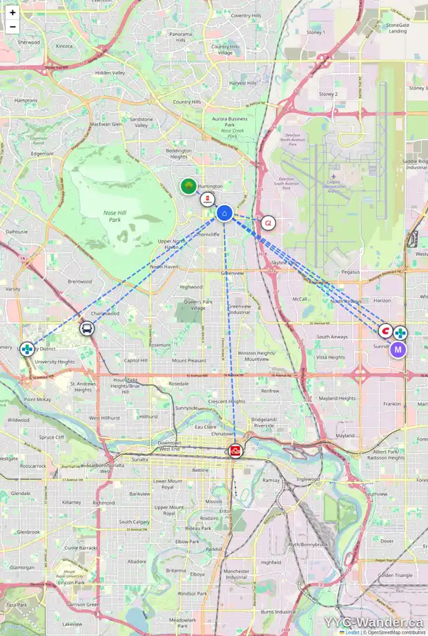 Daily accessibility map for 48 HUNTFORD CL NE, Calgary showing nearby schools, grocery stores, parks, LRT stations and nearby amenities
