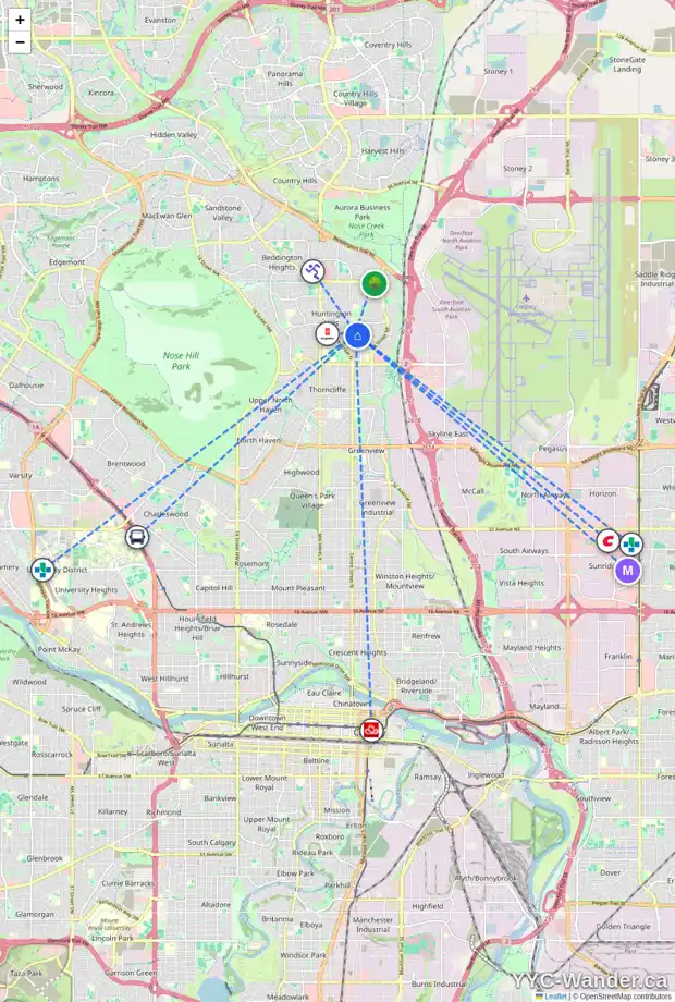 Daily accessibility map for 323 HUNTBOURNE WY NE, Calgary showing nearby schools, grocery stores, parks, LRT stations and nearby amenities