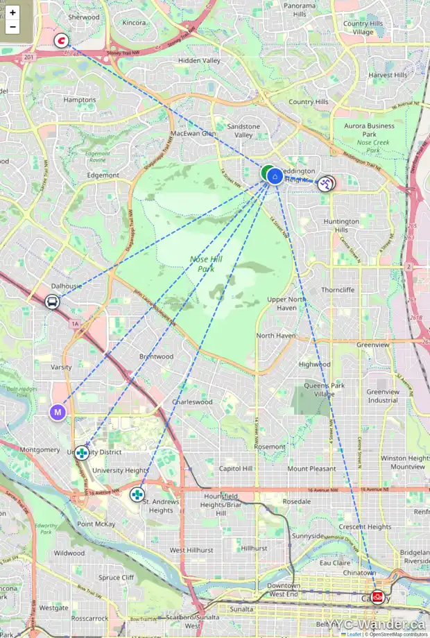 Daily accessibility map for 8414 BERWICK RD NW, Calgary showing nearby schools, grocery stores, parks, LRT stations and nearby amenities