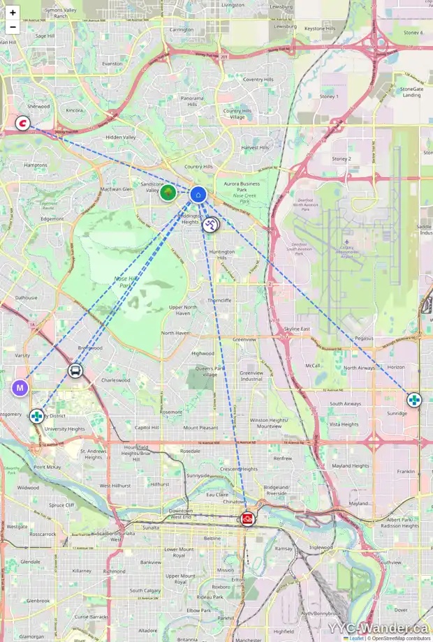 Daily accessibility map for 8 BERNARD RD NW, Calgary showing nearby schools, grocery stores, parks, LRT stations and nearby amenities