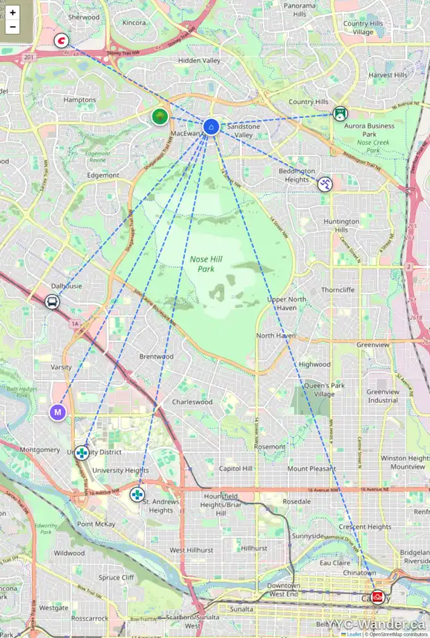Daily accessibility map for 39 MACEWAN MEADOW LI NW, Calgary showing nearby schools, grocery stores, parks, LRT stations and nearby amenities