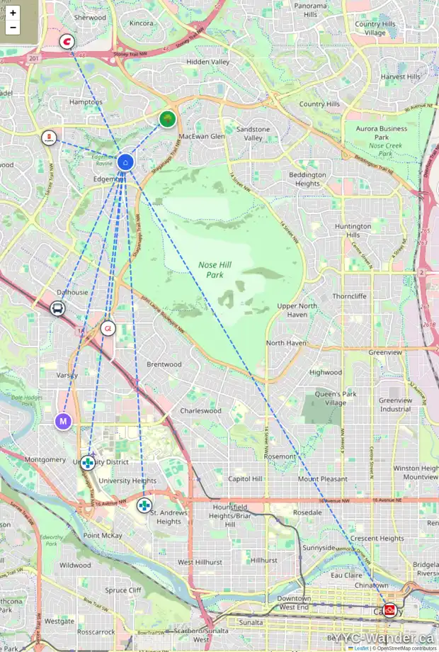 Daily accessibility map for 208 EDGEBANK CI NW, Calgary showing nearby schools, grocery stores, parks, LRT stations and nearby amenities