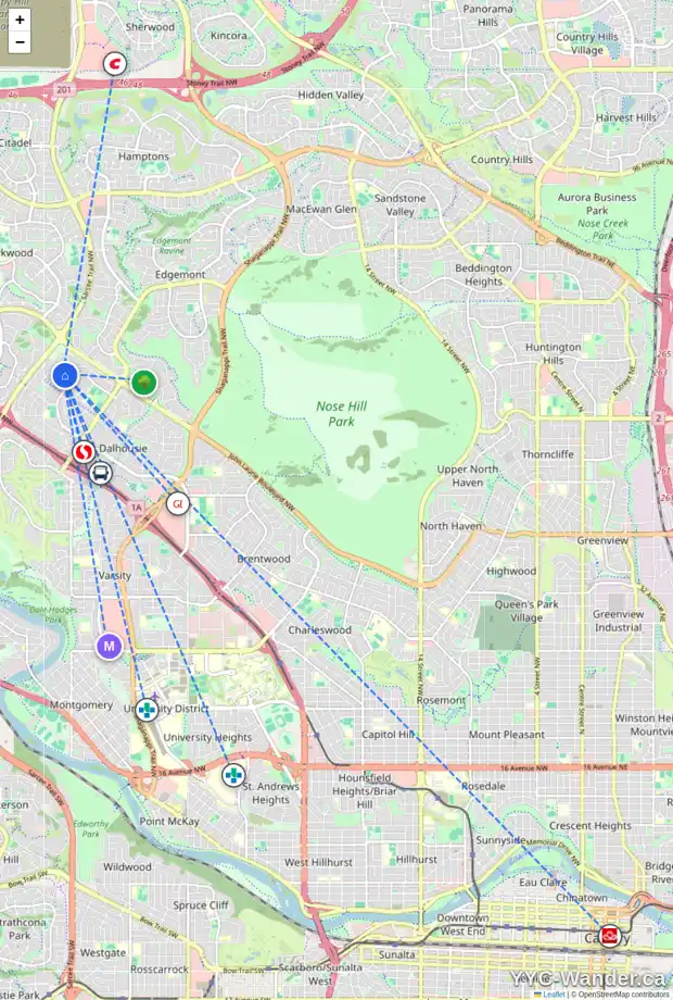 Daily accessibility map for 6135 DALCASTLE CR NW, Calgary showing nearby schools, grocery stores, parks, LRT stations and nearby amenities