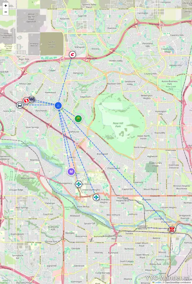 Daily accessibility map for 15 HAWKSLOW BA NW, Calgary showing nearby schools, grocery stores, parks, LRT stations and nearby amenities