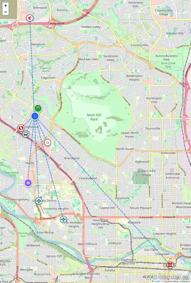 Daily accessibility map for 6620 DALCROFT HL NW, Calgary showing nearby schools, grocery stores, parks, LRT stations and nearby amenities