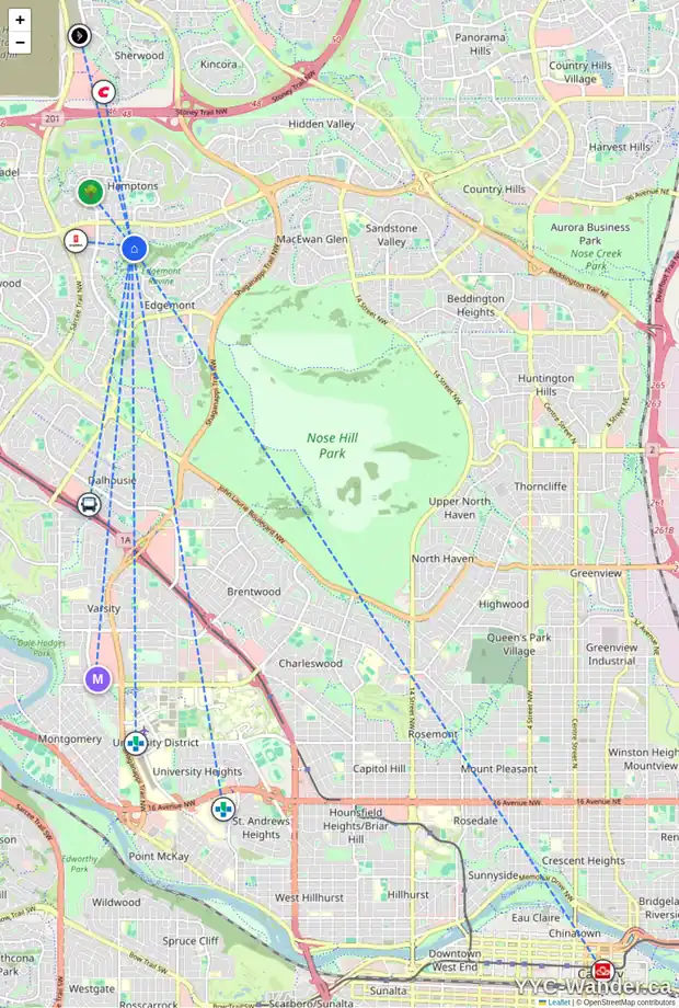 Daily accessibility map for 47 EDGERIDGE CO NW, Calgary showing nearby schools, grocery stores, parks, LRT stations and nearby amenities