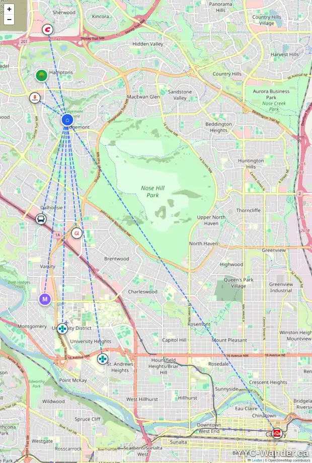 Daily accessibility map for 8352 EDGEVALLEY DR NW, Calgary showing nearby schools, grocery stores, parks, LRT stations and nearby amenities